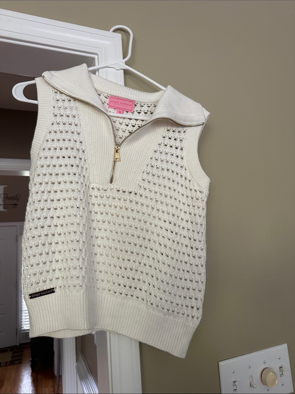Simply Southern Cream Sleeveless Knit Vest with Zip Collar